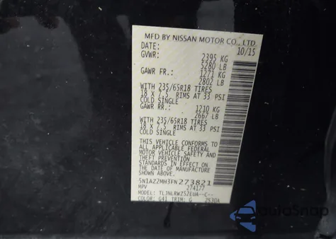 2015 Nissan Murano Sl z USA, uszkodzony, nr VIN 5N1AZ2MH3FN273821